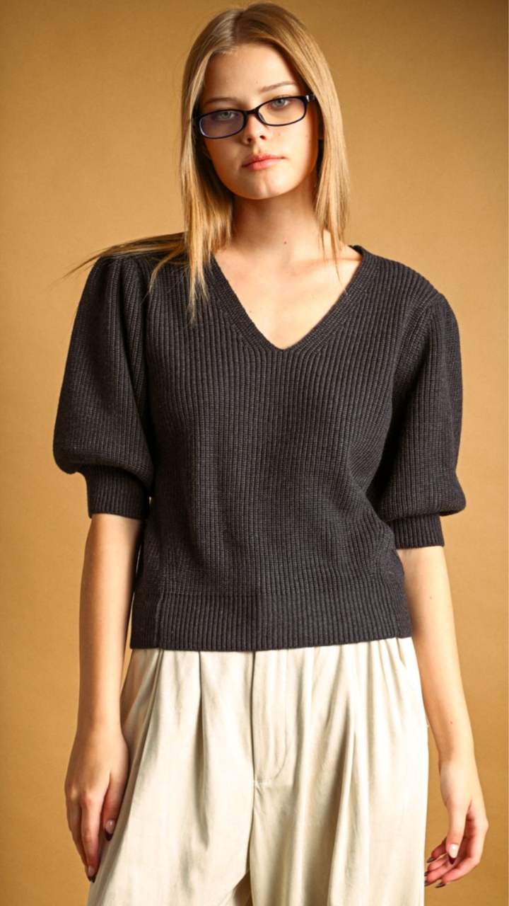 Charcoal Puff Sleeve Sweater Top