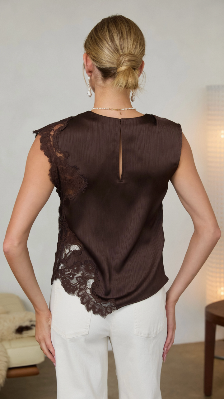 Sleeveless Lace Trim Asymmetrical Top