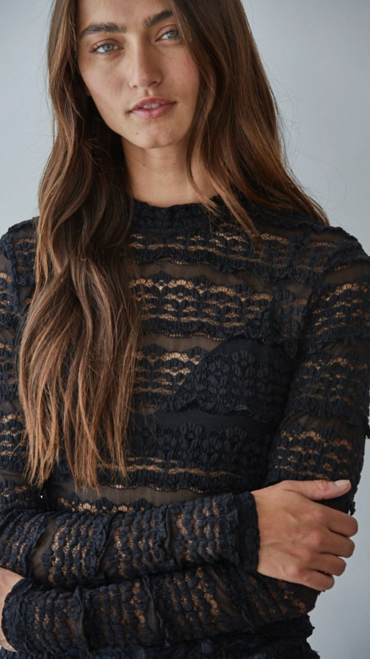 Black Woven Lace See Through Mock Top