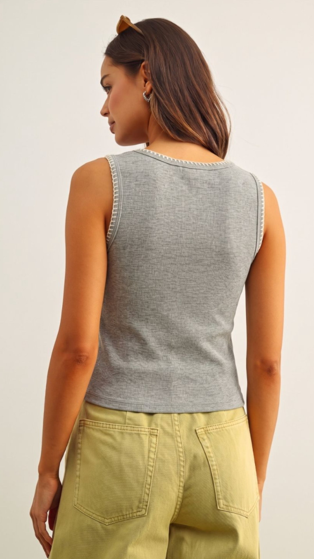 Grey Ribbed Knit Tank With Stitch Detail