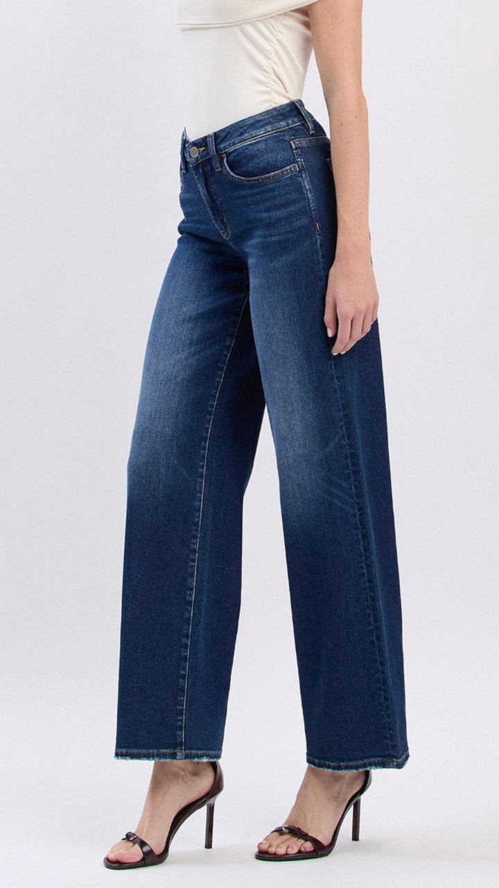 High Rise Dark Wash Full Length Wide Leg Jeans