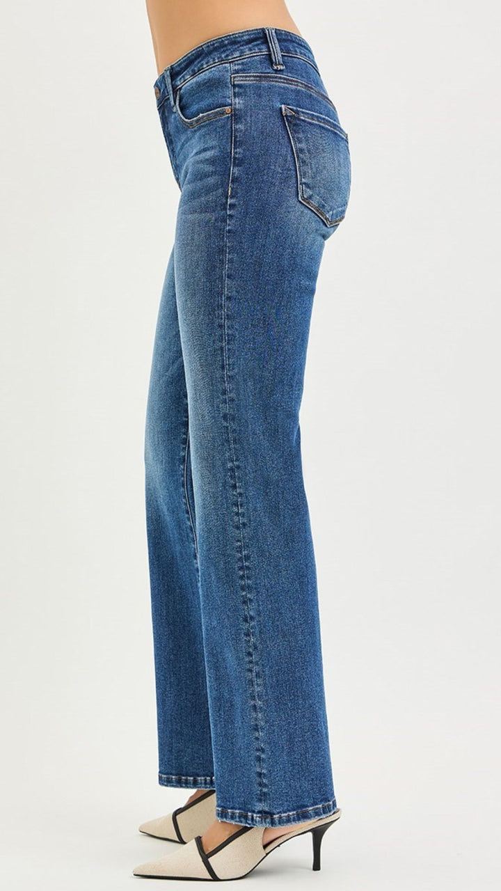 Low Rise Medium Wash Tummy Control Full Length Bootcut Jeans