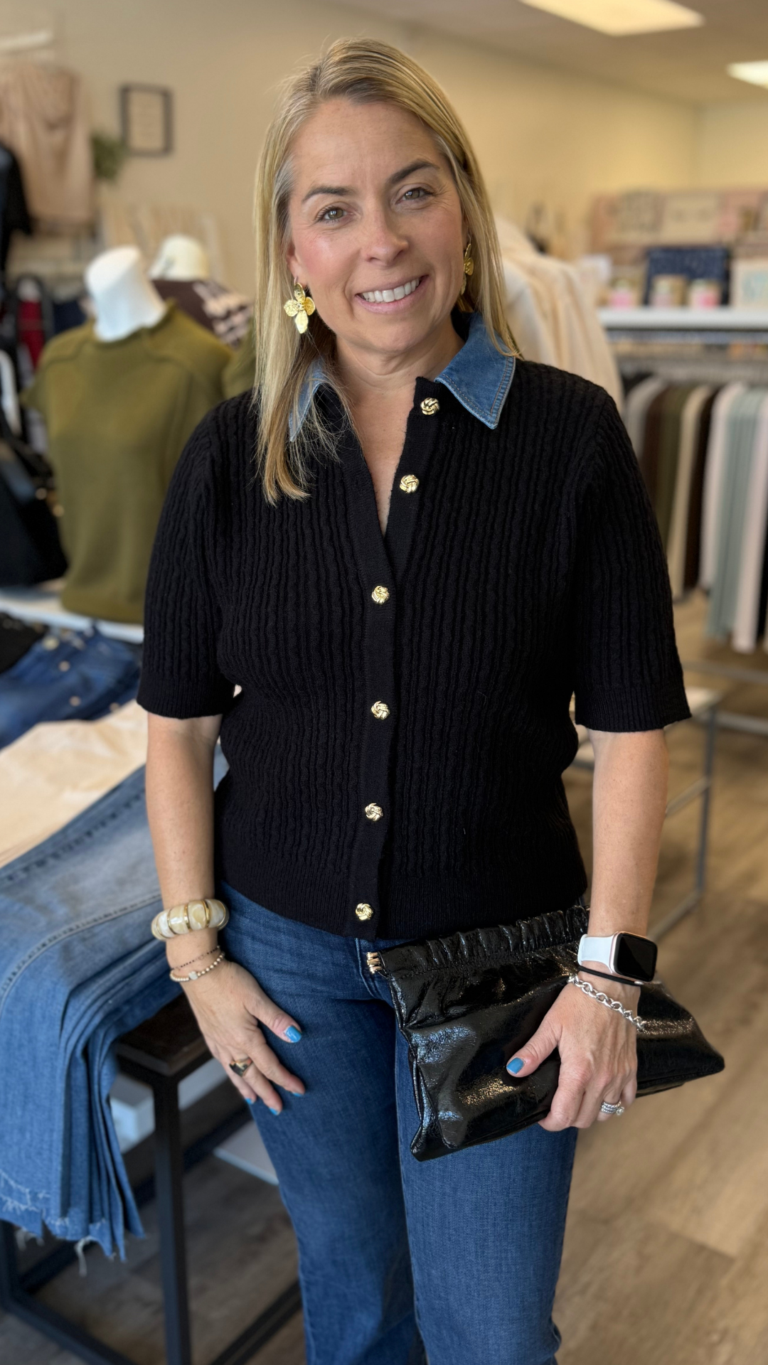 Denim Trim Short Sleeve Cable Knit Buttoned Top
