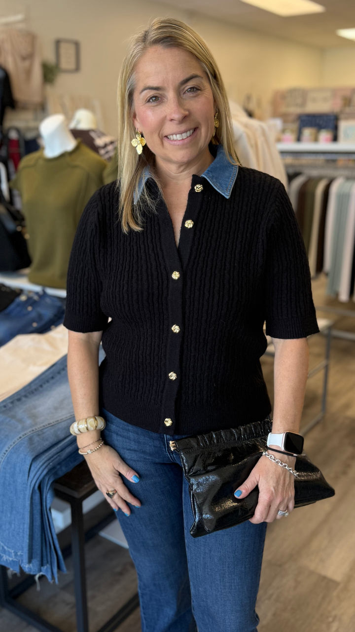 Denim Trim Short Sleeve Cable Knit Buttoned Top