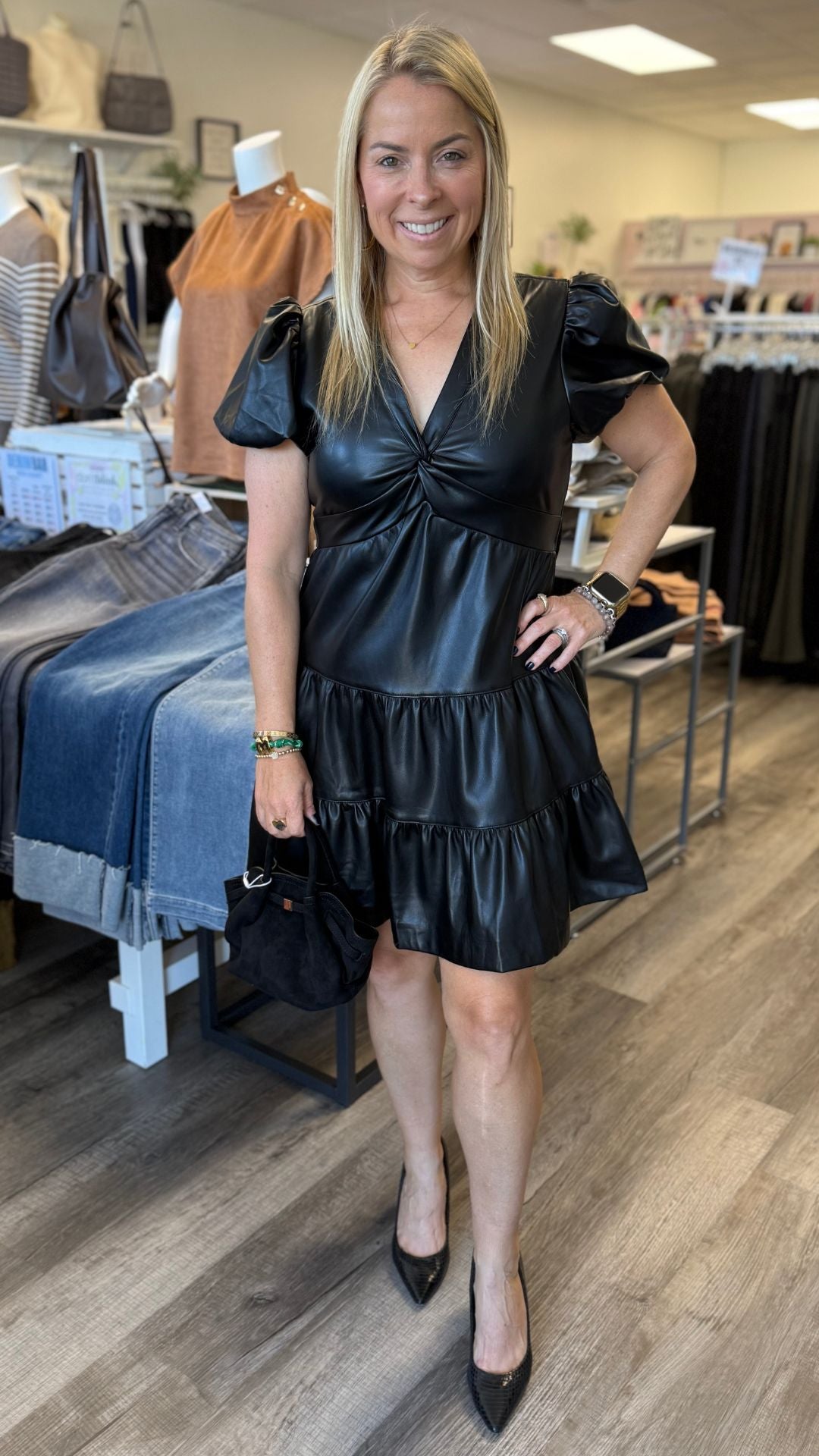 Black Puff Sleeve Faux Leather Mini Dress