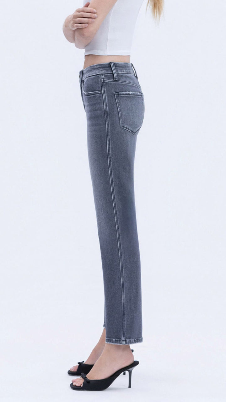 Mid Rise Gray Seamless Waistband Straight Jeans