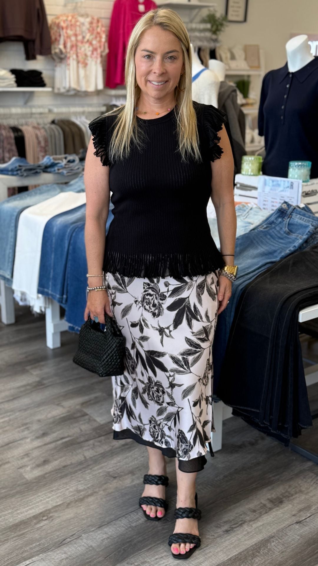 All Over Pink And Black Floral Midi Skirt With Sheer Chiffon Layer Hem