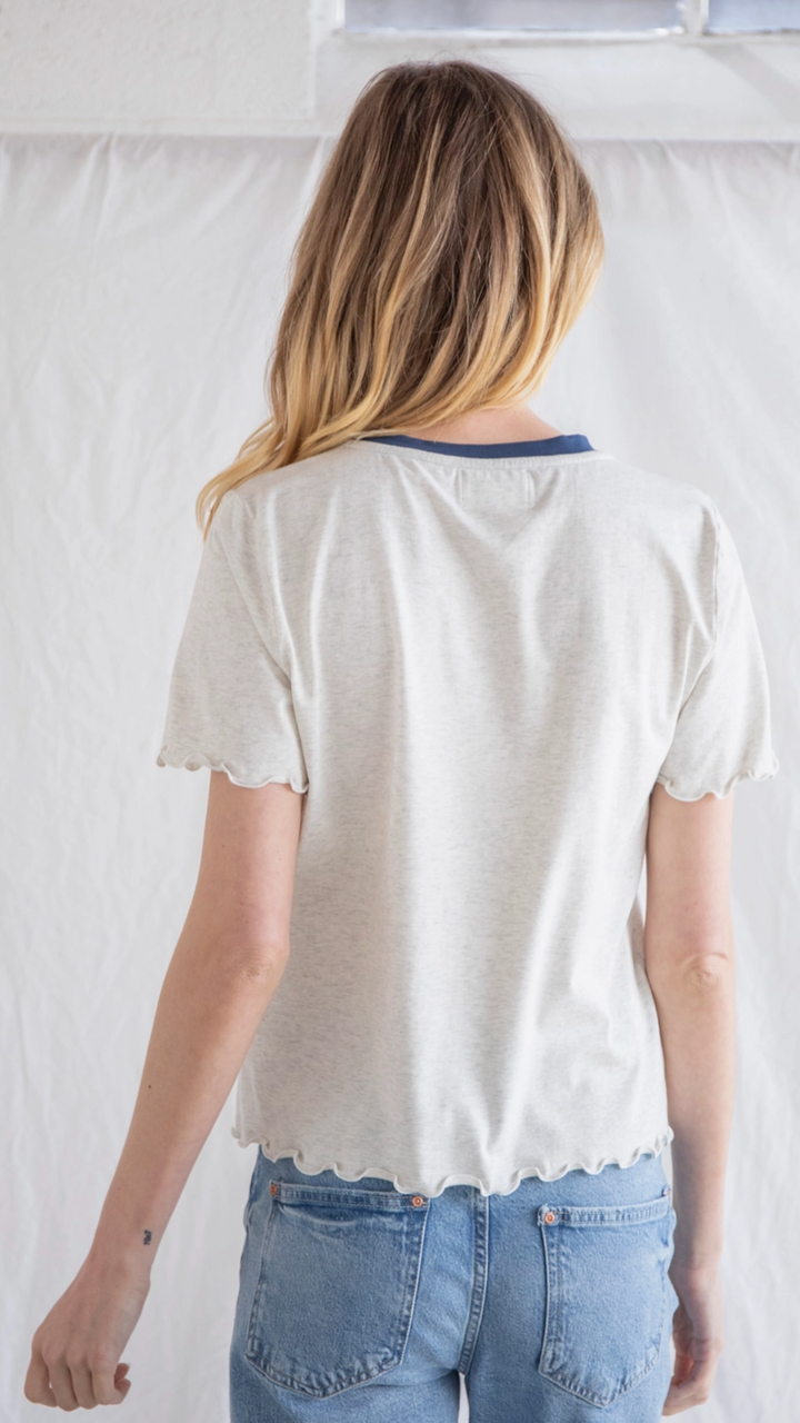 Navy Trim Lettuce Hem Top