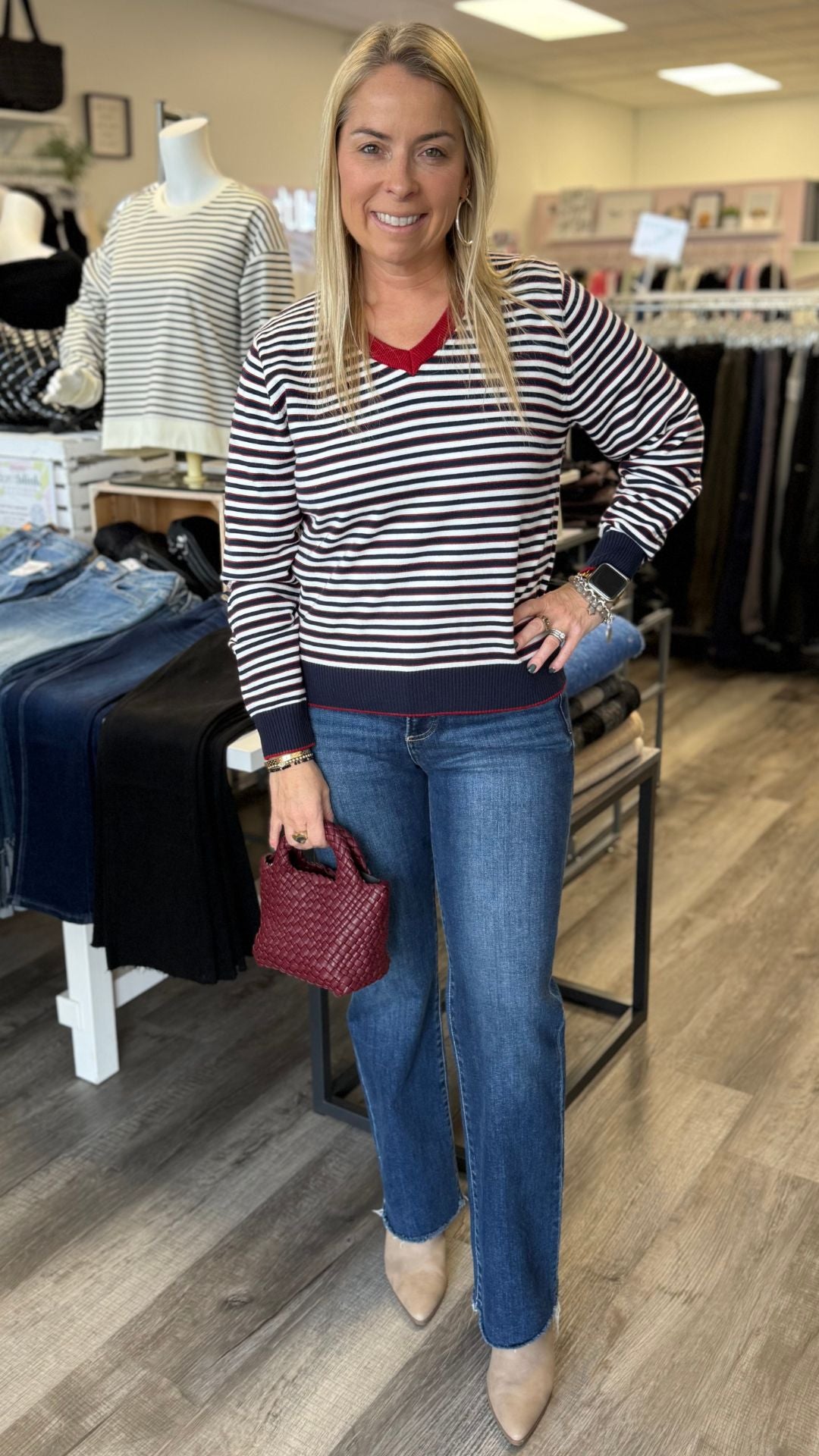 Burgundy And Navy Nautical Stripe V Neck Sweater