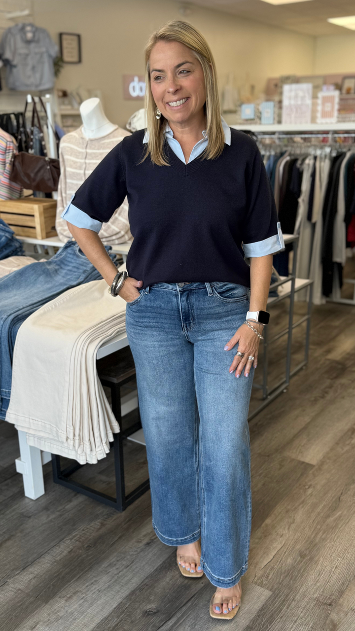 Navy Layered Look Short Sleeve Sweater Top