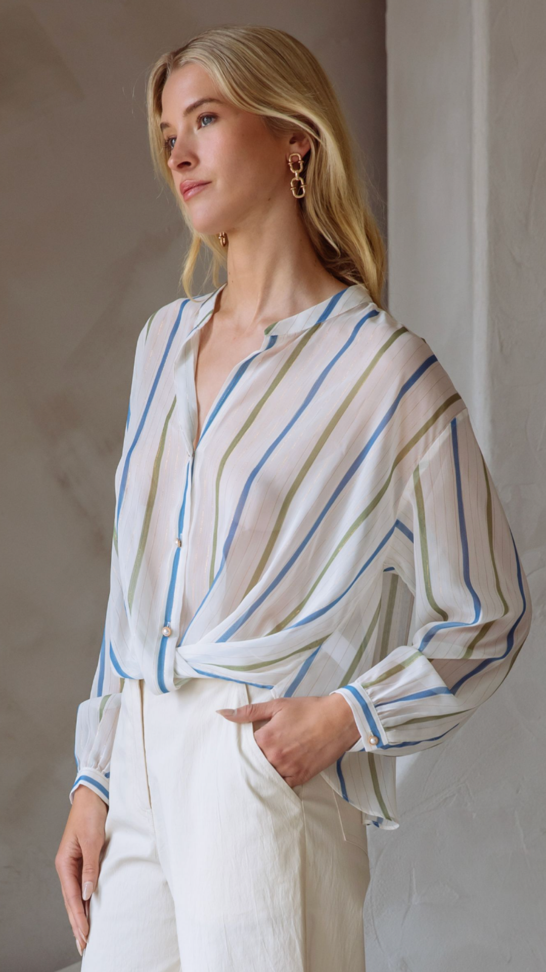 Stripe Surplice Sheer Long Sleeve Blouse