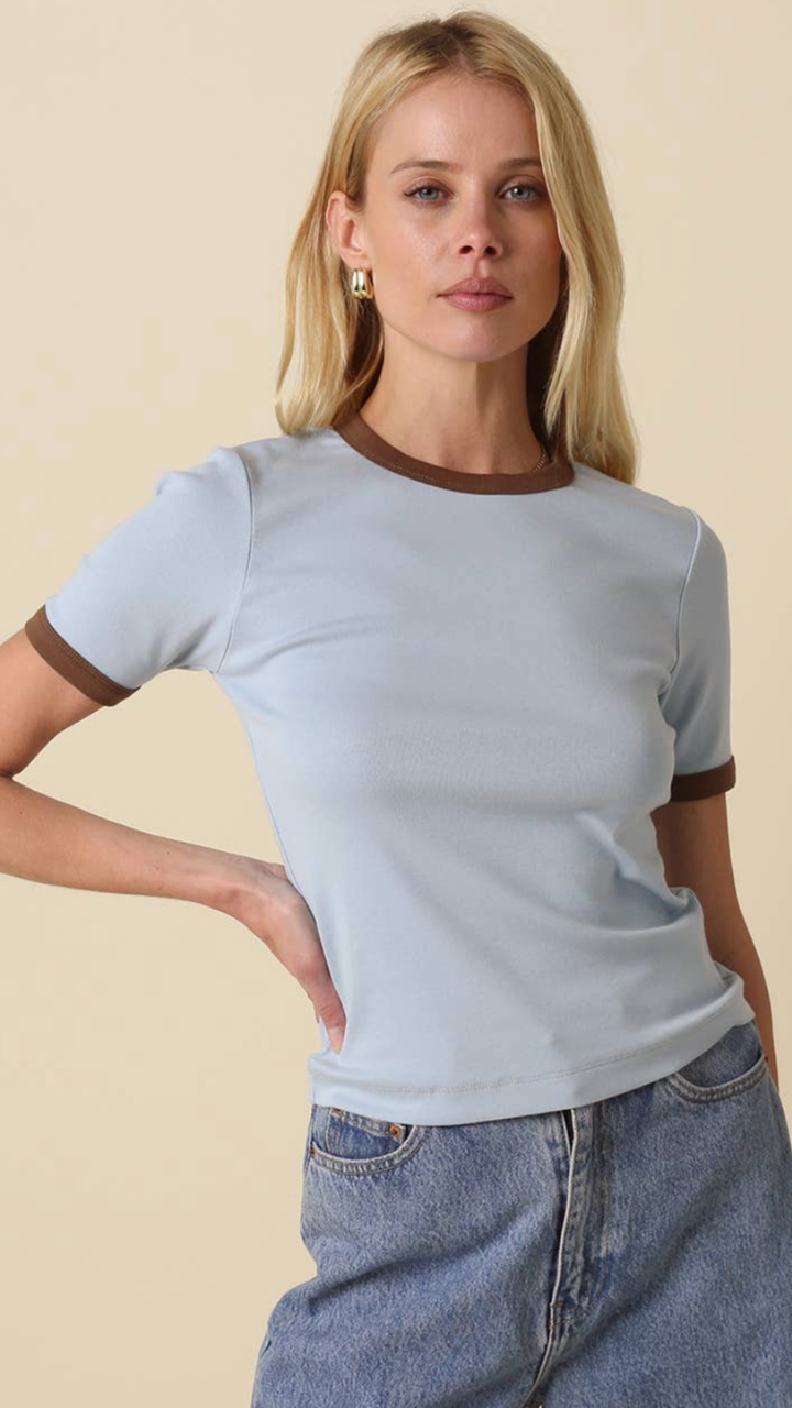 Light Blue With Brown Contrast Trim Crewneck Tee