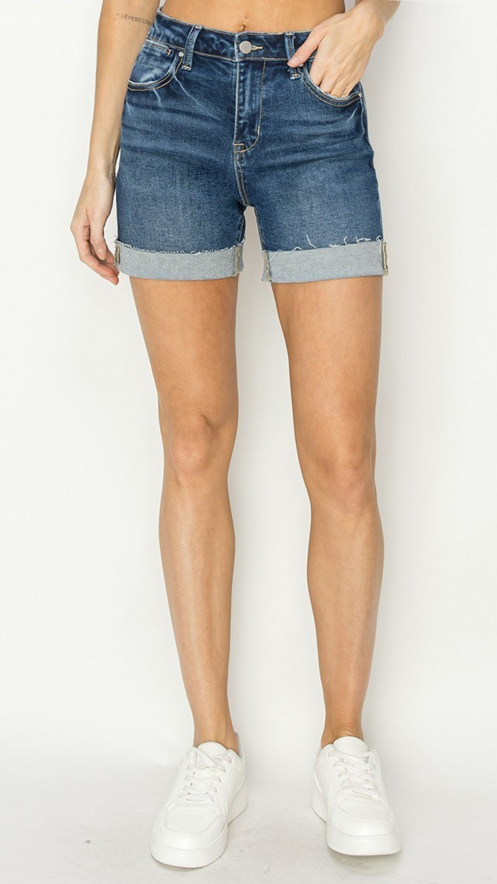 High Rise Dark Wash Cuffed Shorts