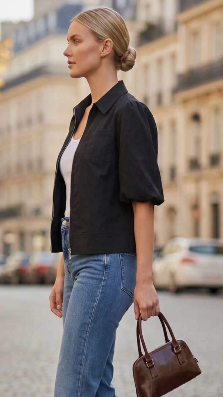 Black Bubble Sleeve Zip Jacket