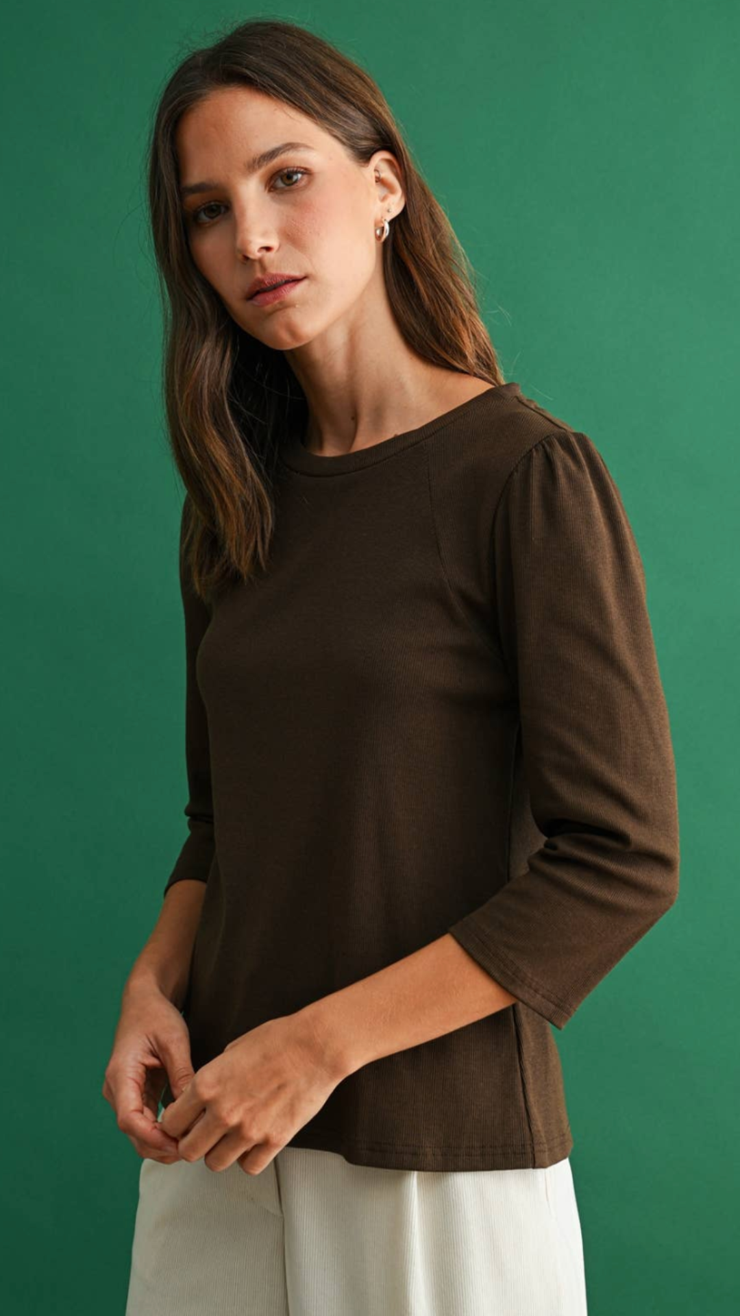 Brown Puff Sleeve Knit Top