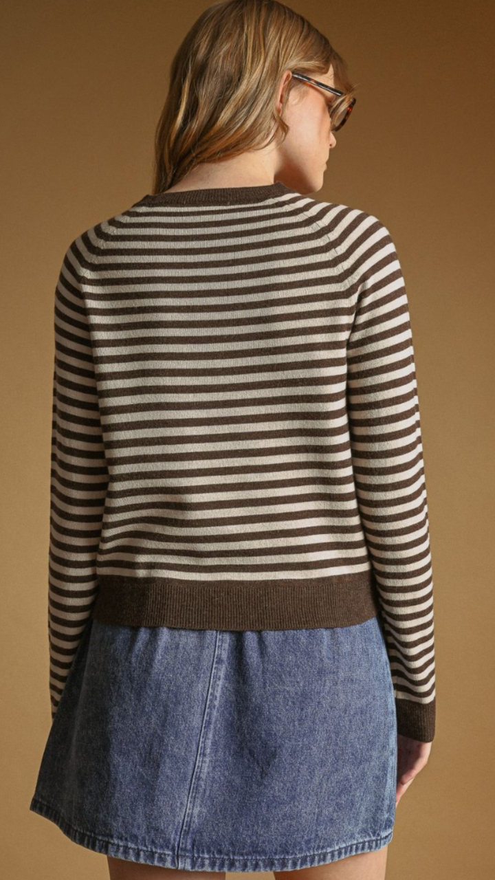 Mocha Striped Round Neck Sweater Top