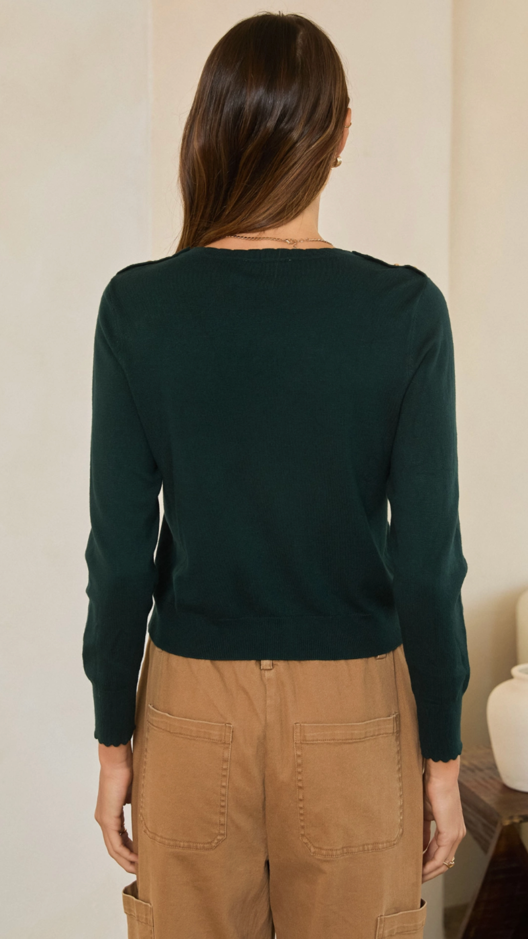 Emerald Scalloped Edge Top With Gold Button Shoulder Accent