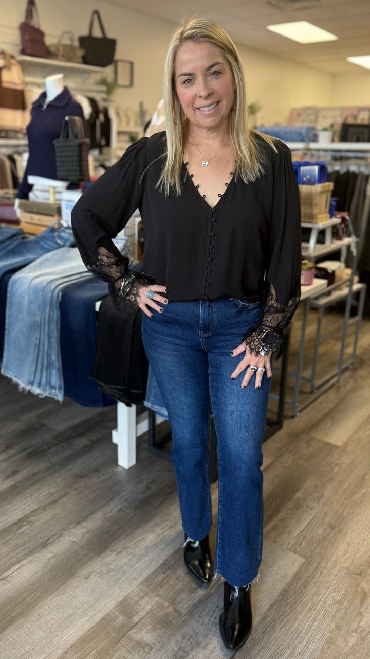 Lace Cuff V Neck Button Blouse