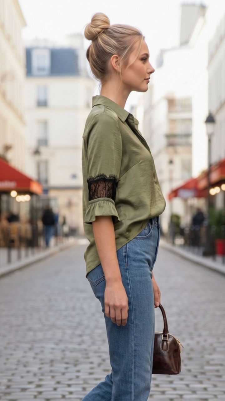 Light Olive Lace Insert Blouse