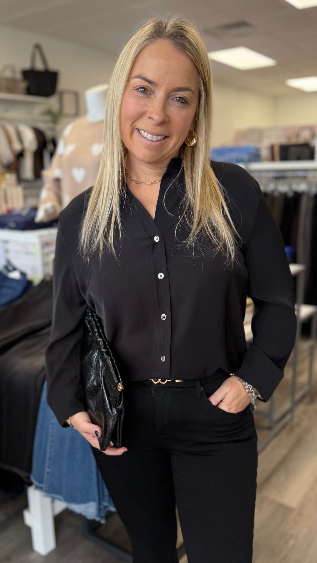 Black Quarter Sleeve Button Down Shirt