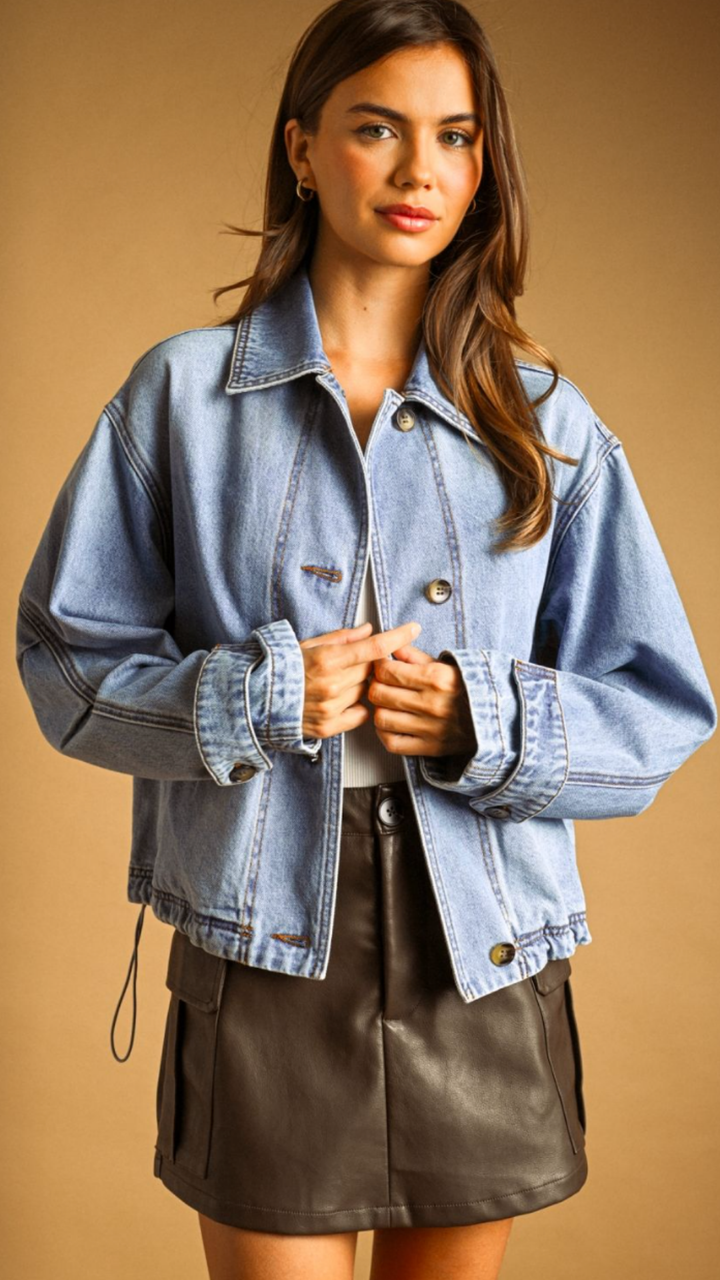 Denim Button Front Bomber Jacket