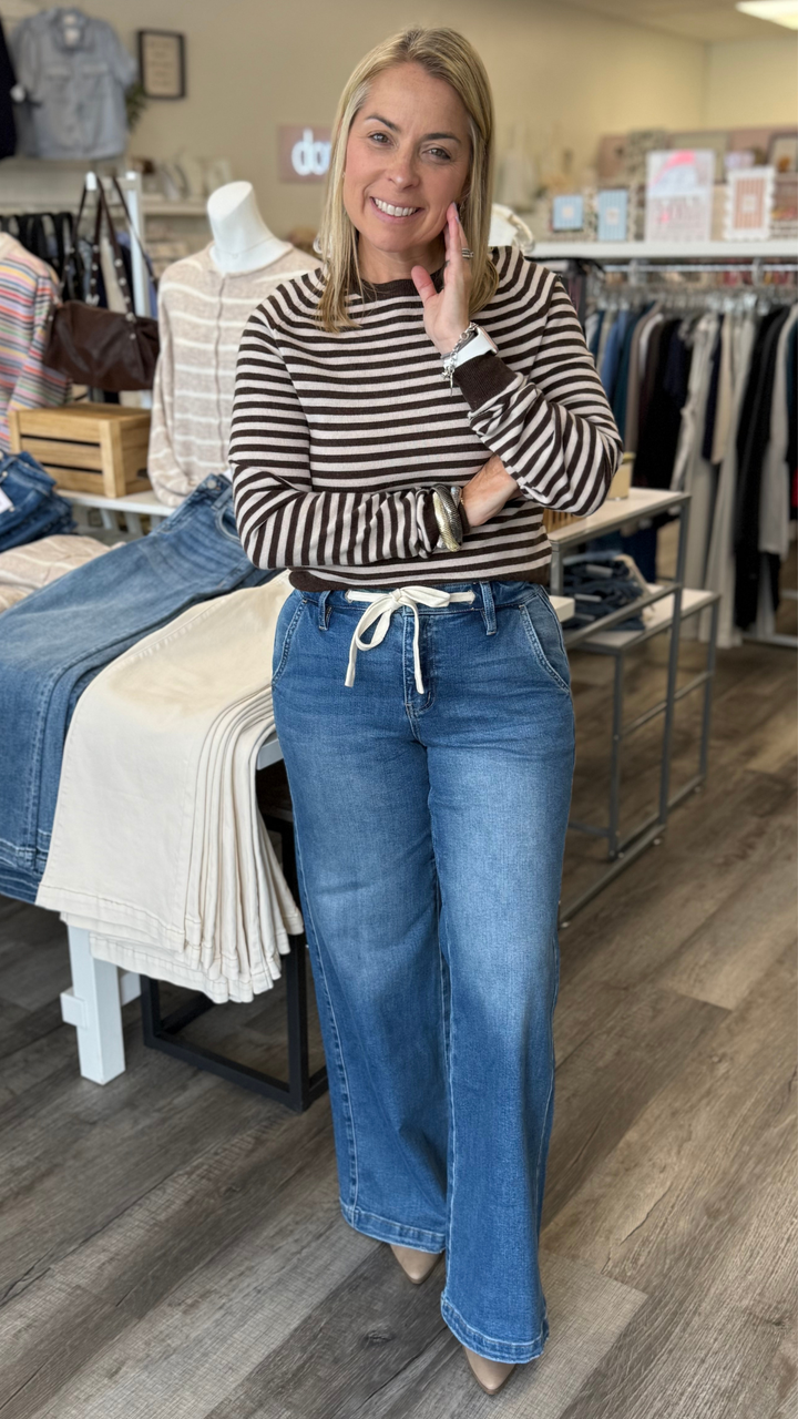 Mocha Striped Round Neck Sweater Top
