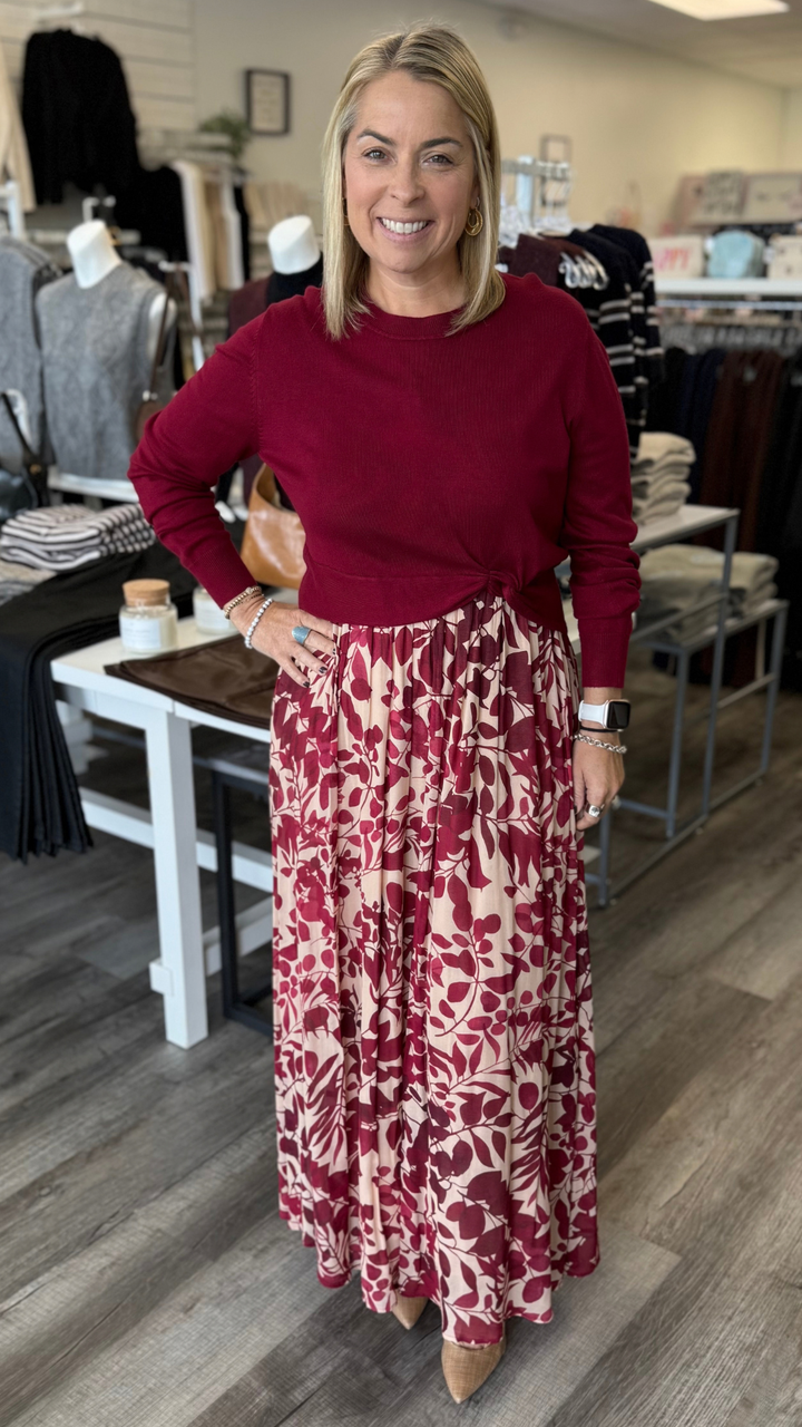 Burgundy Knit Sweater And Floral Print Midi Dress
