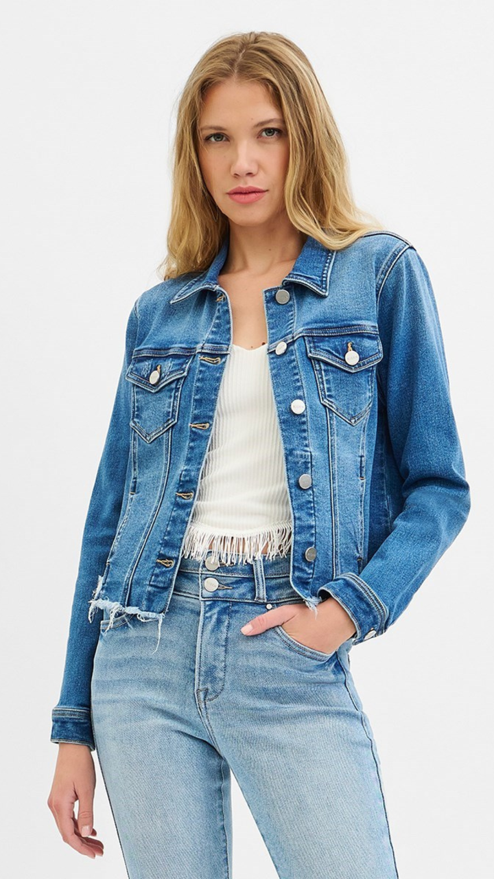 Medium Wash Irregular Frayed Hem Denim Jacket