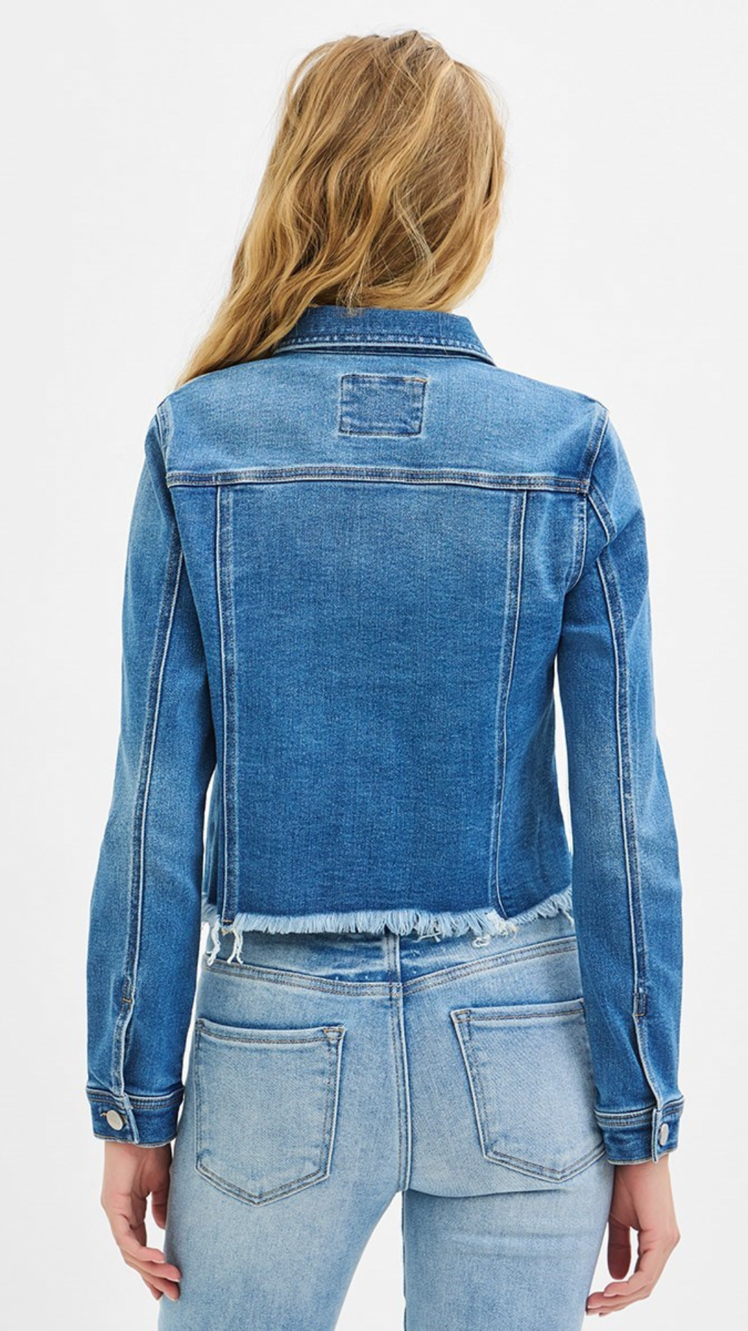 Medium Wash Irregular Frayed Hem Denim Jacket