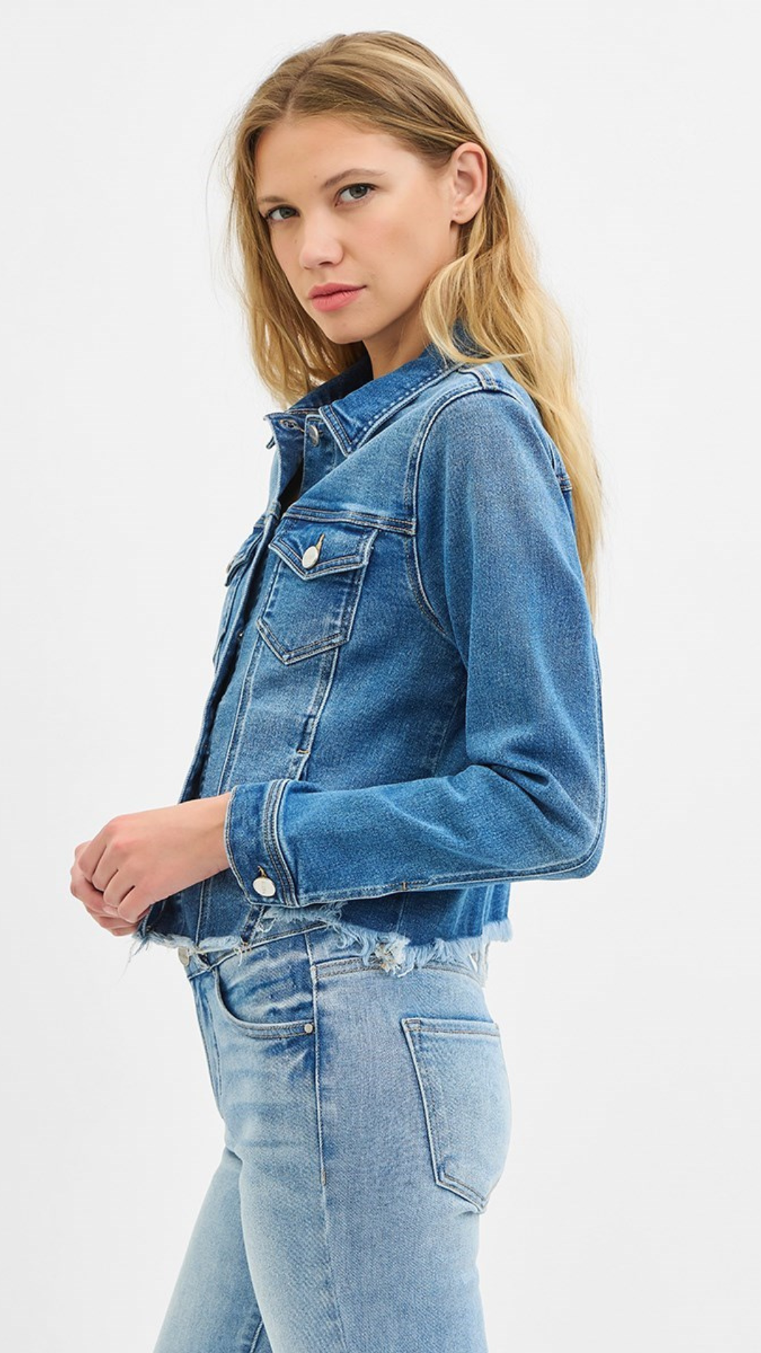 Medium Wash Irregular Frayed Hem Denim Jacket