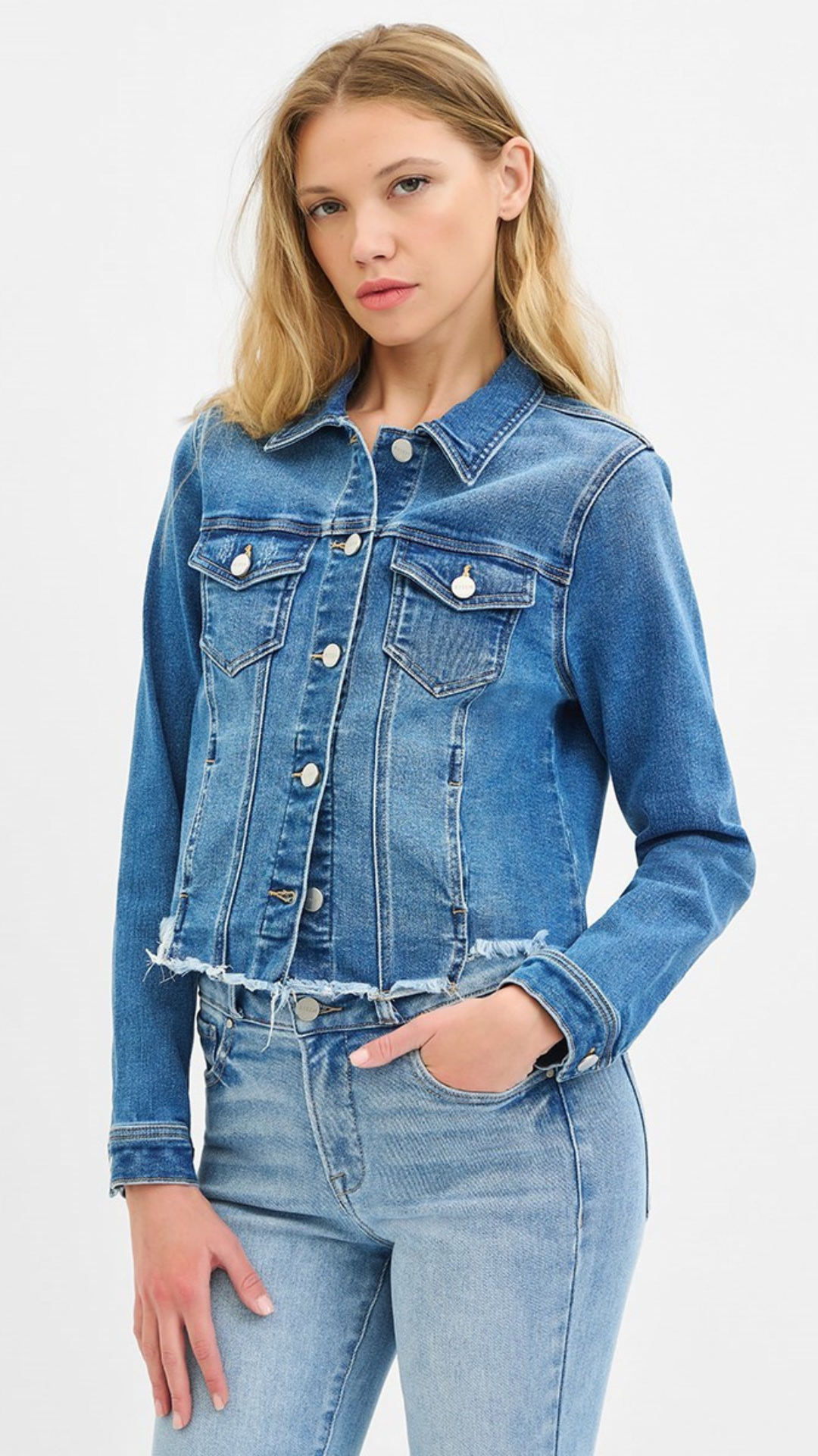 Medium Wash Irregular Frayed Hem Denim Jacket
