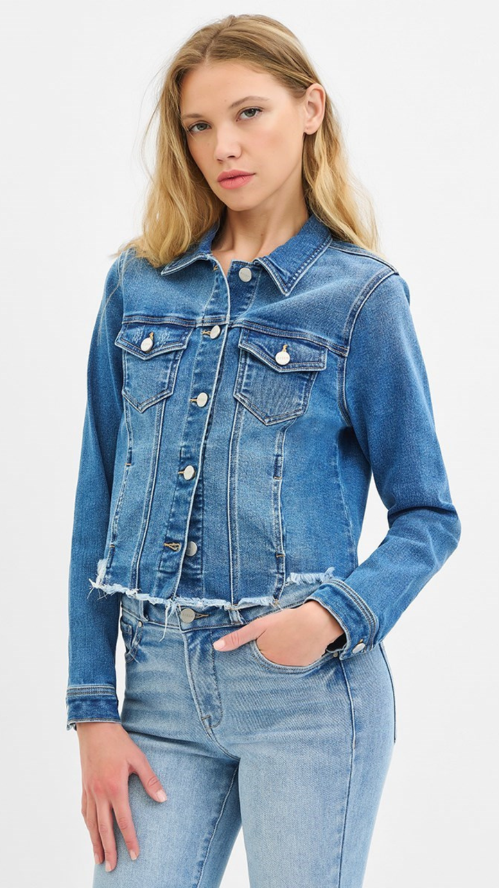 Medium Wash Irregular Frayed Hem Denim Jacket