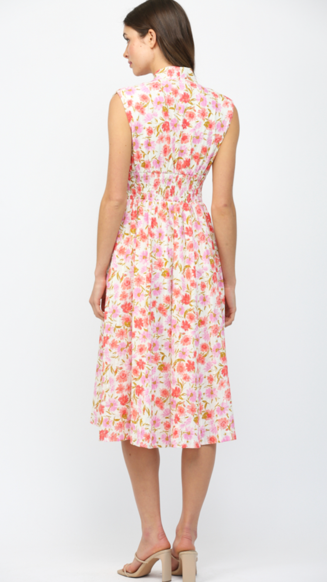 Floral Print Jacquard Cotton Front Zip Closure Midi Dress
