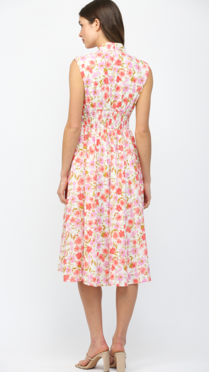 Floral Print Jacquard Cotton Front Zip Closure Midi Dress