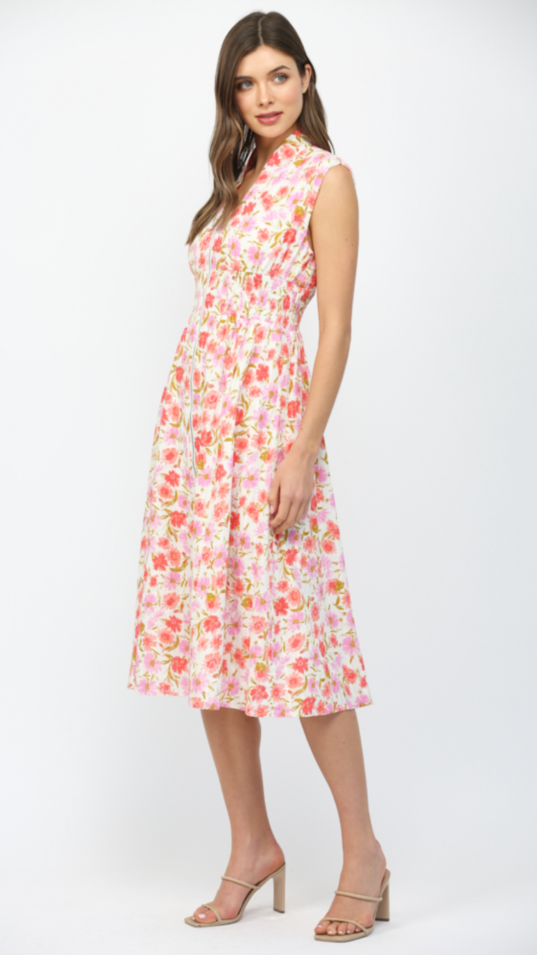 Floral Print Jacquard Cotton Front Zip Closure Midi Dress