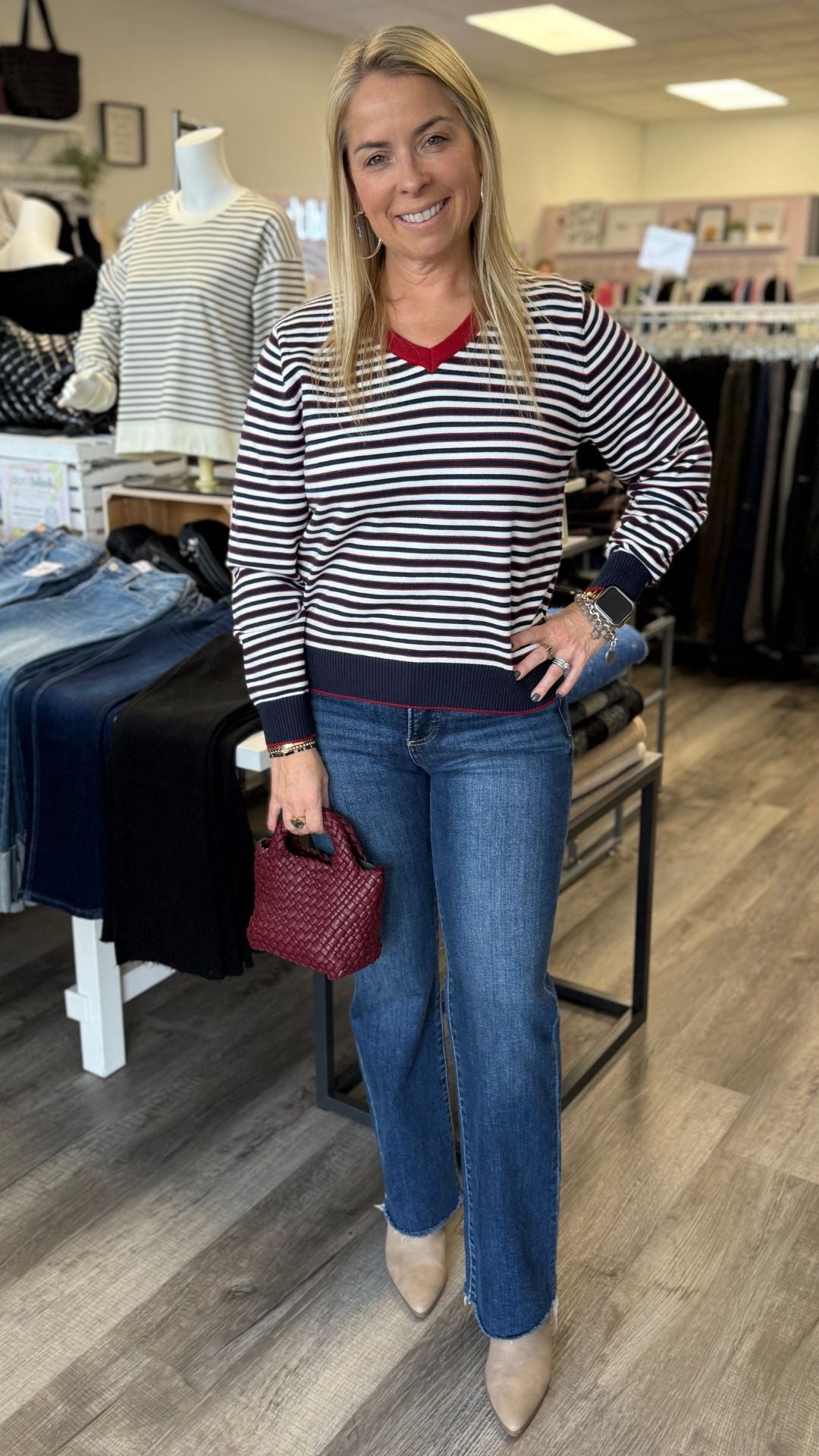 Burgundy And Navy Nautical Stripe V Neck Sweater