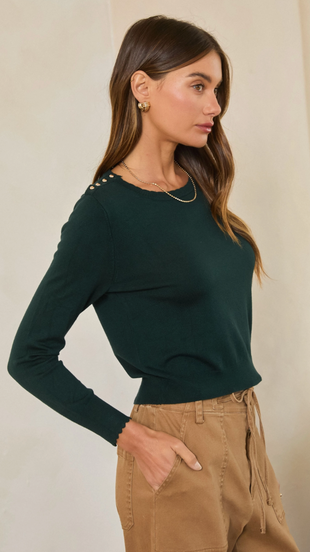 Emerald Scalloped Edge Top With Gold Button Shoulder Accent