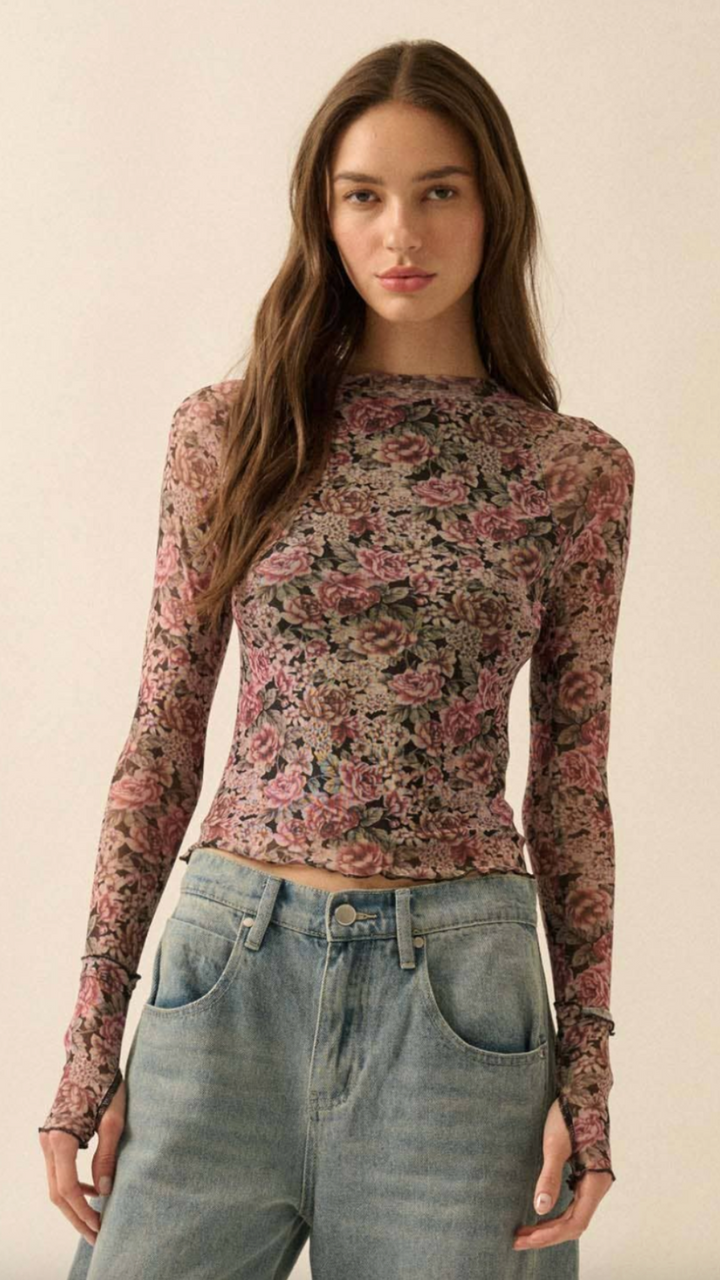 Black Floral Print Mesh Mock Neck Top