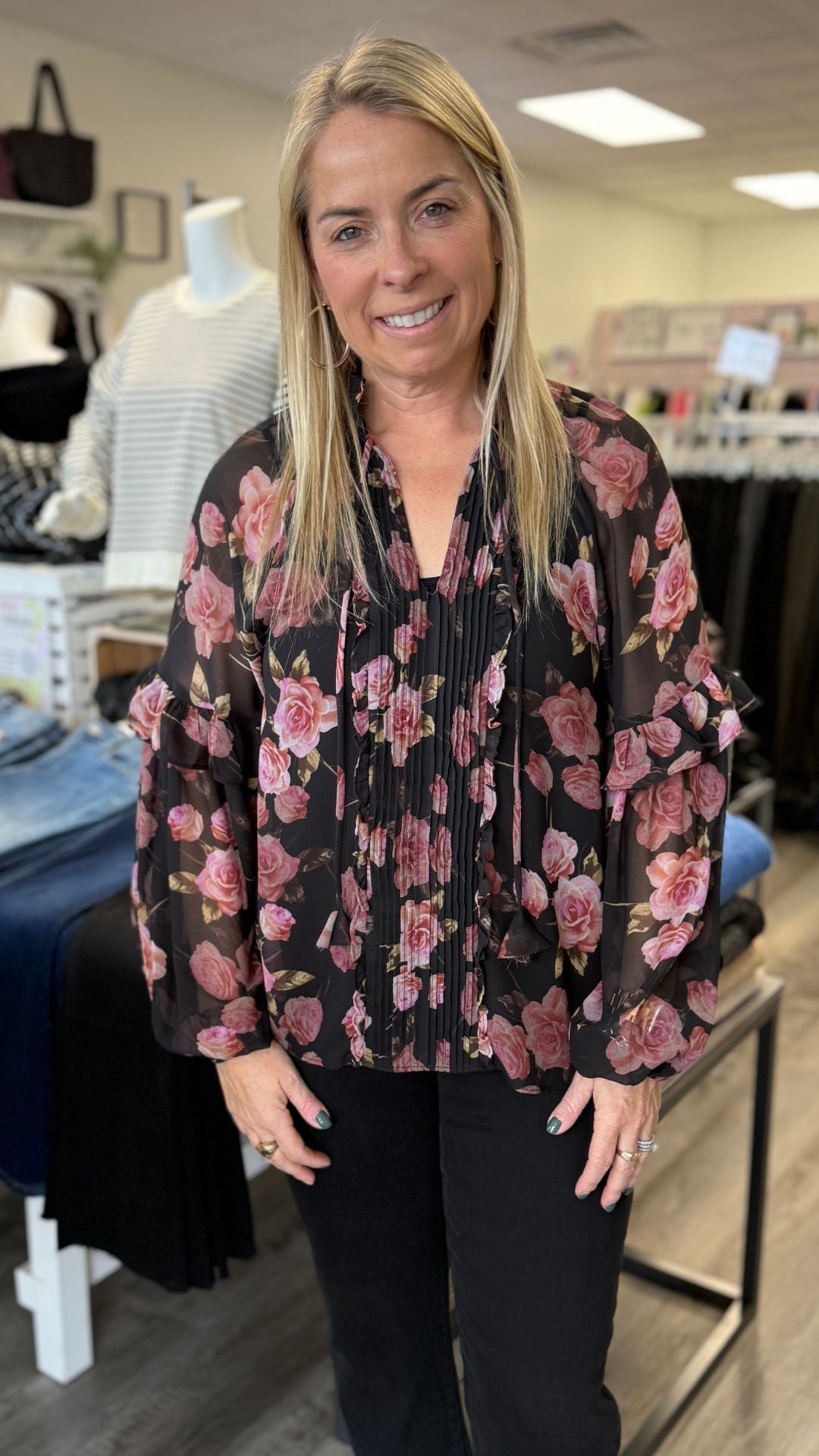 Rose Pleated Sheer Ruffled Blouse