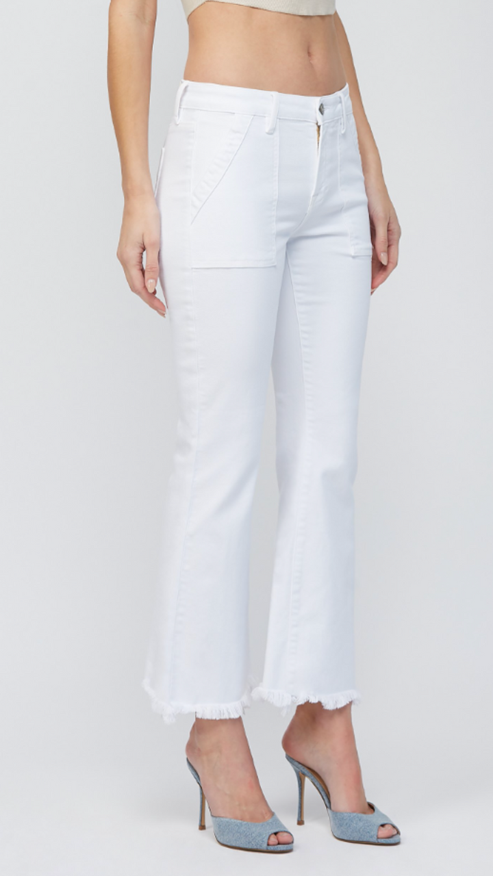 HAPPI Mid Rise White Cargo Pocket Flare Jeans