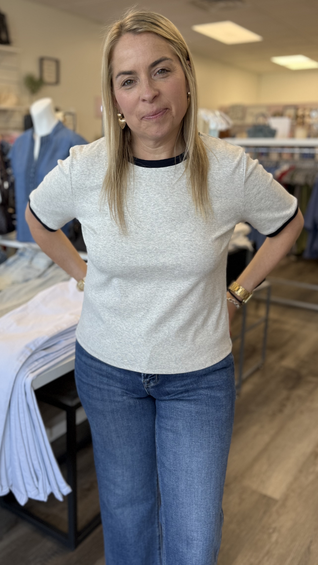 Heather Oat And Navy Trim Ringer Tee