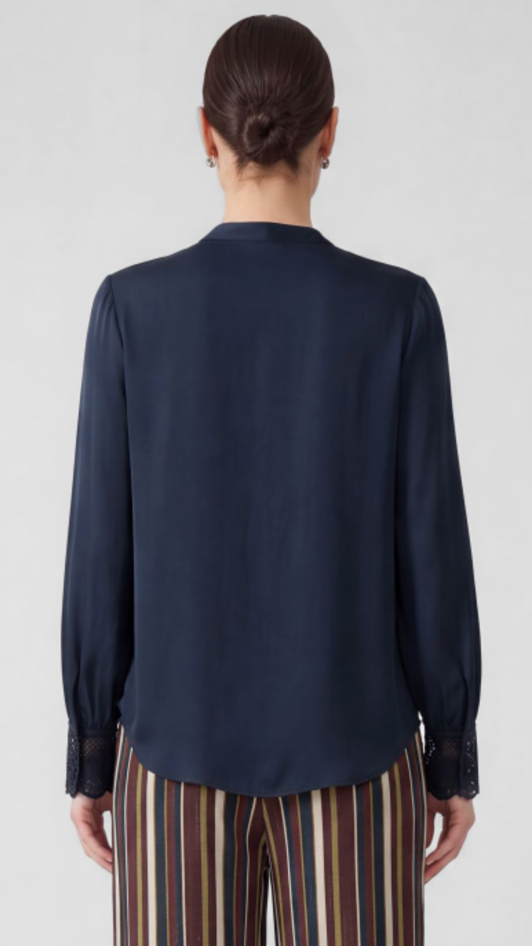 Navy Lace Trim Placket Detail Blouse
