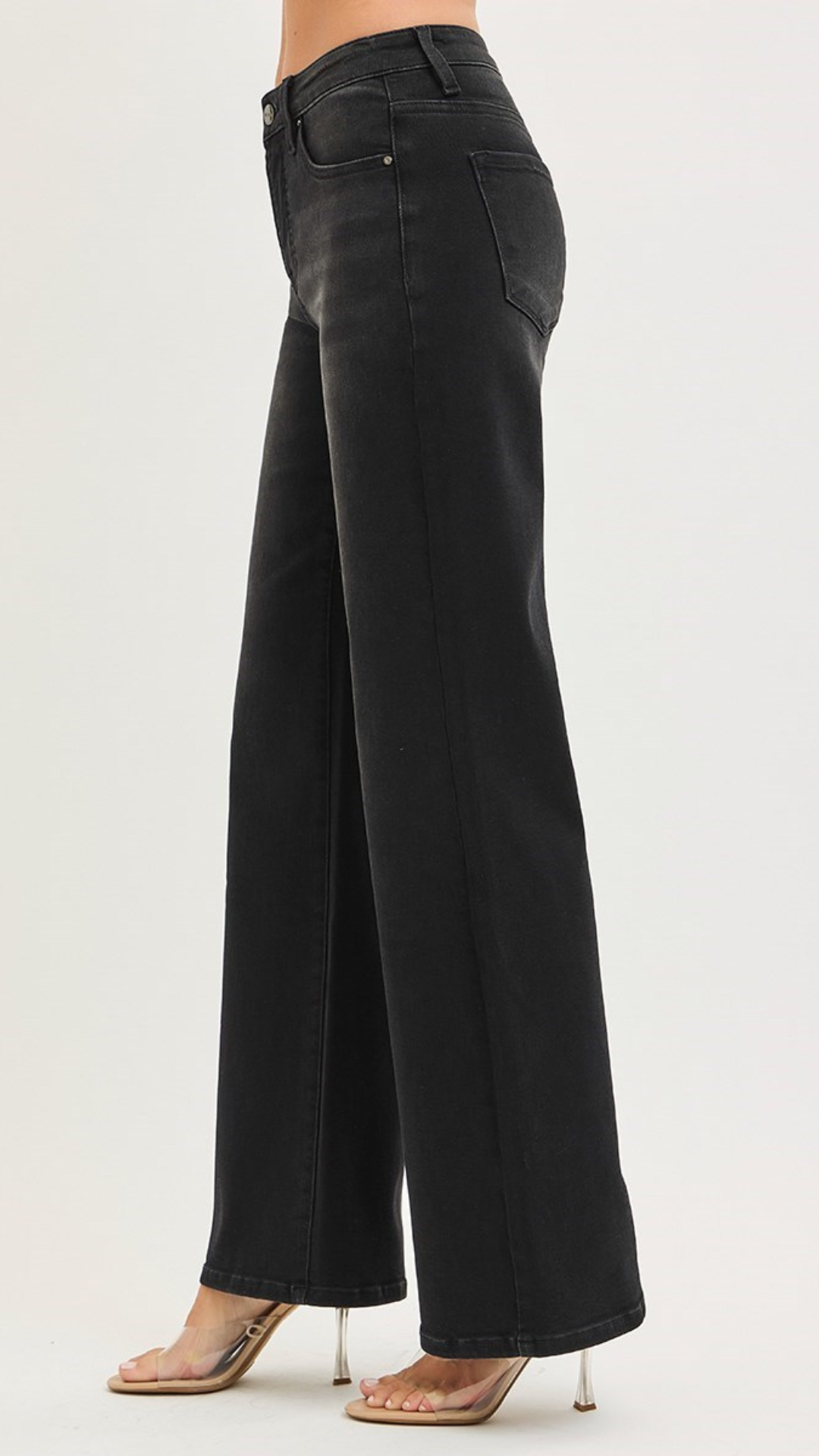 High Rise Jet Black Tummy Control Wide Leg Jeans