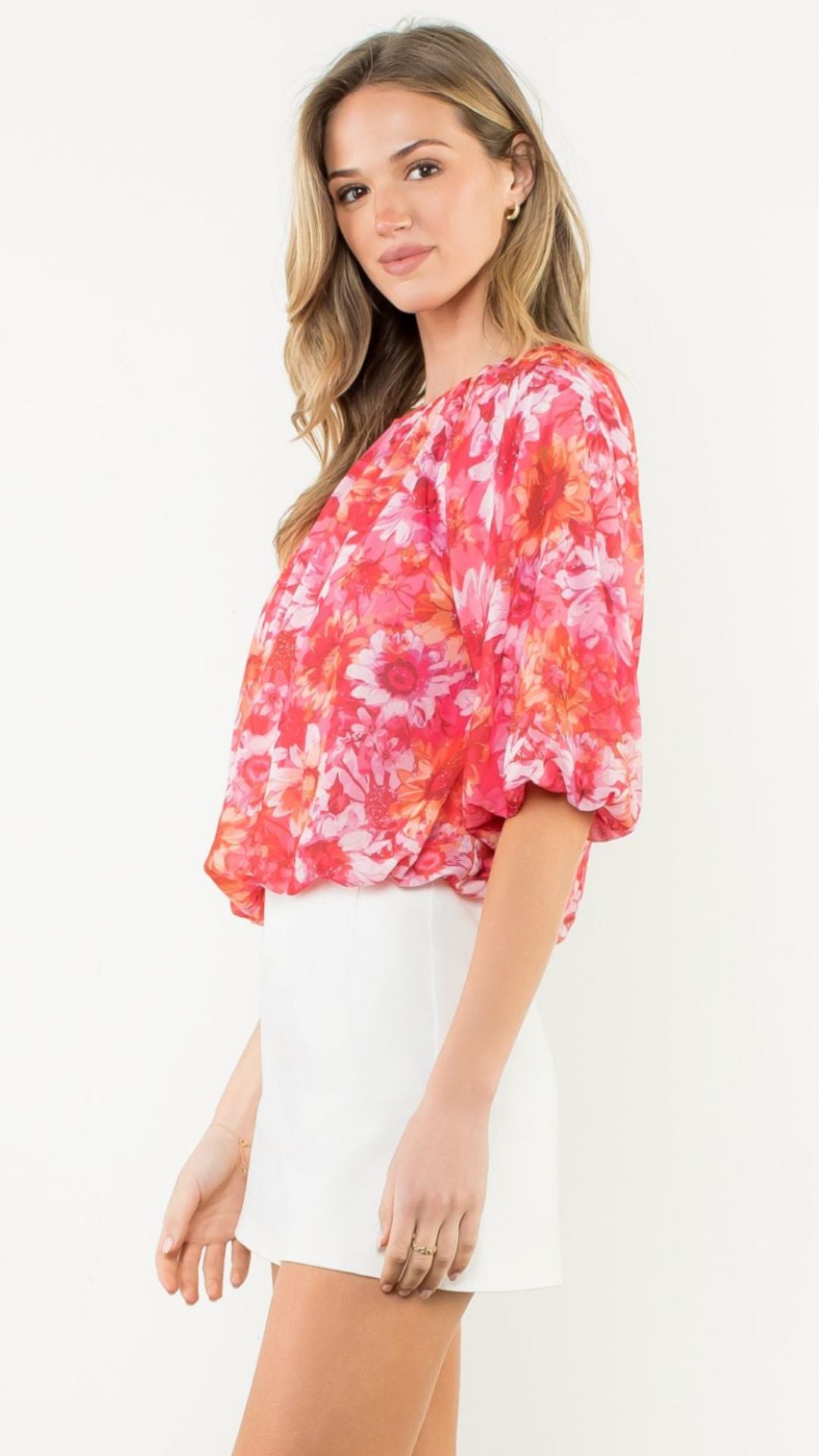 Floral Elastic Hem Balloon Sleeve Blouse