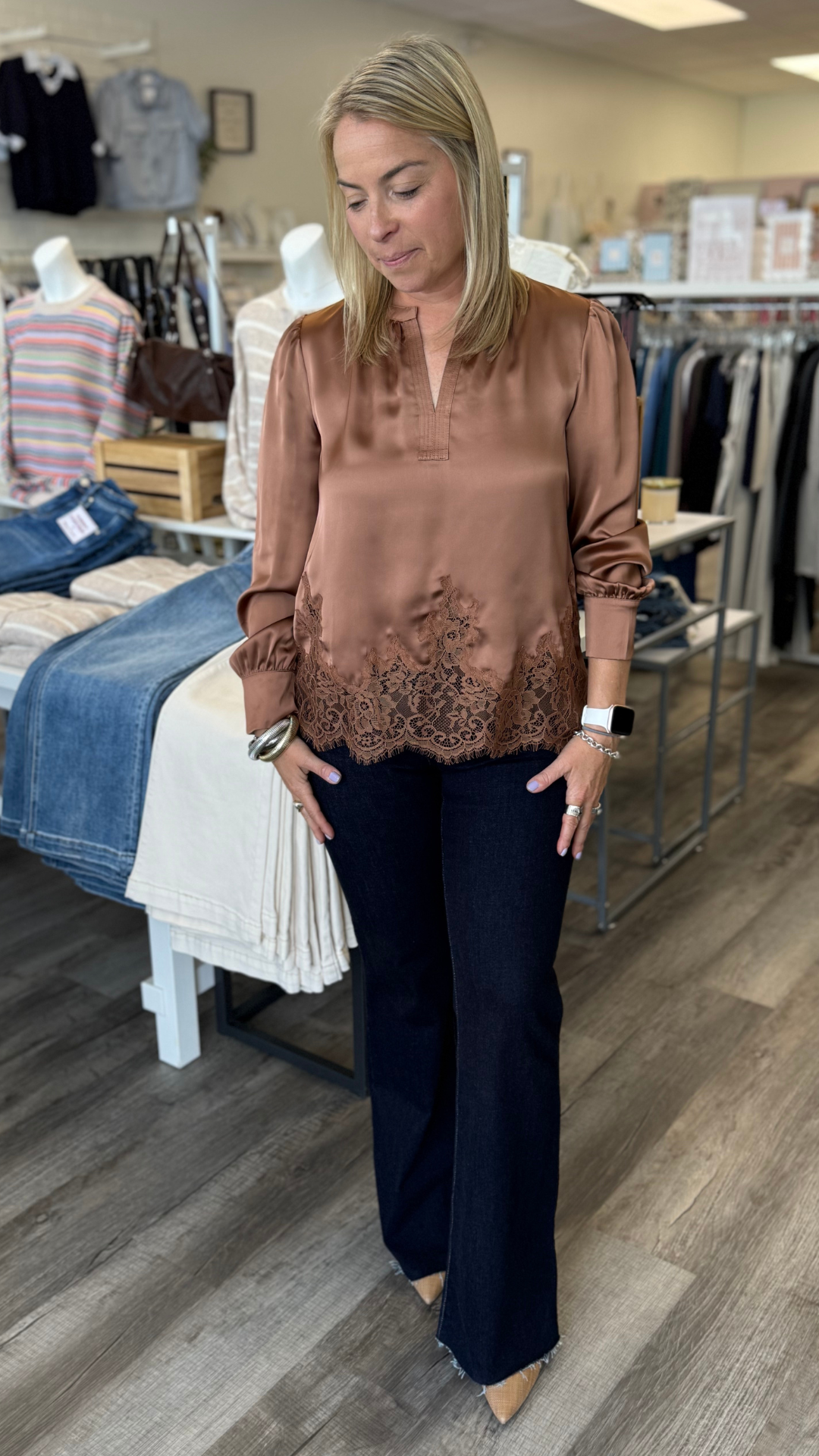 Mocha Mousse Long Sleeve Lace Trim Blouse
