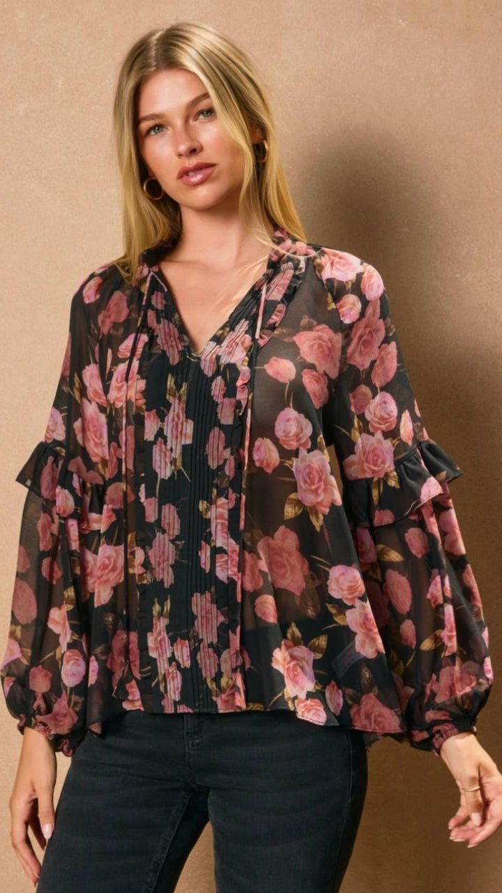 Rose Pleated Sheer Ruffled Blouse