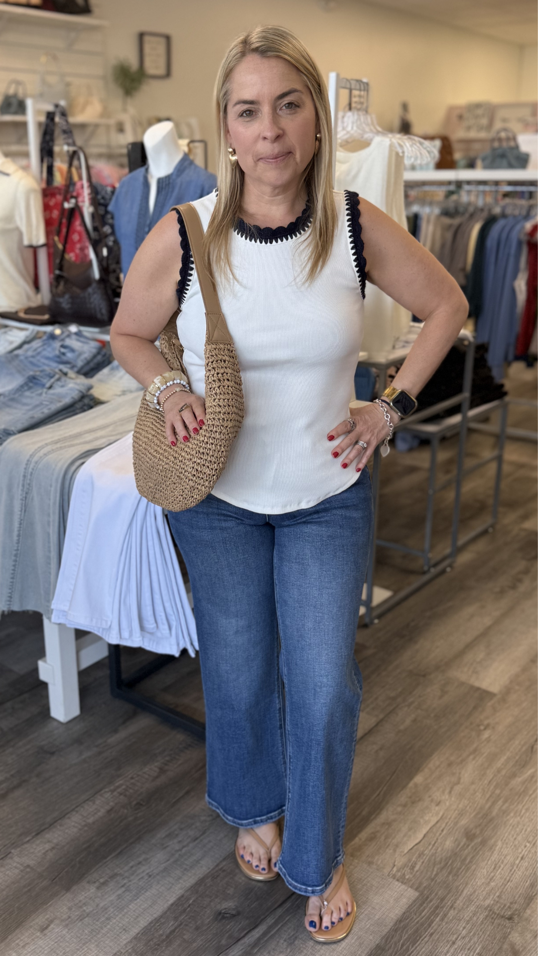 Navy Crochet Trim White Tank