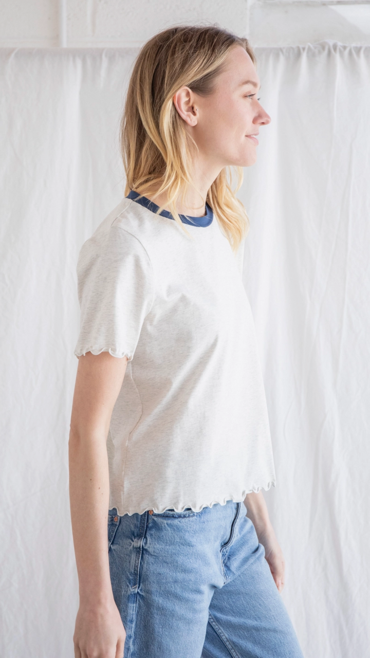 Navy Trim Lettuce Hem Top