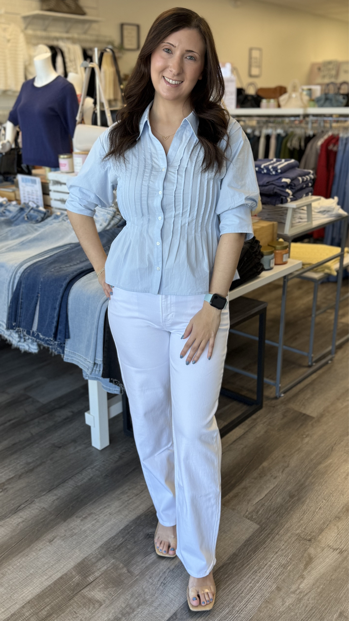 Sky Blue Short Sleeve Pintuck Top