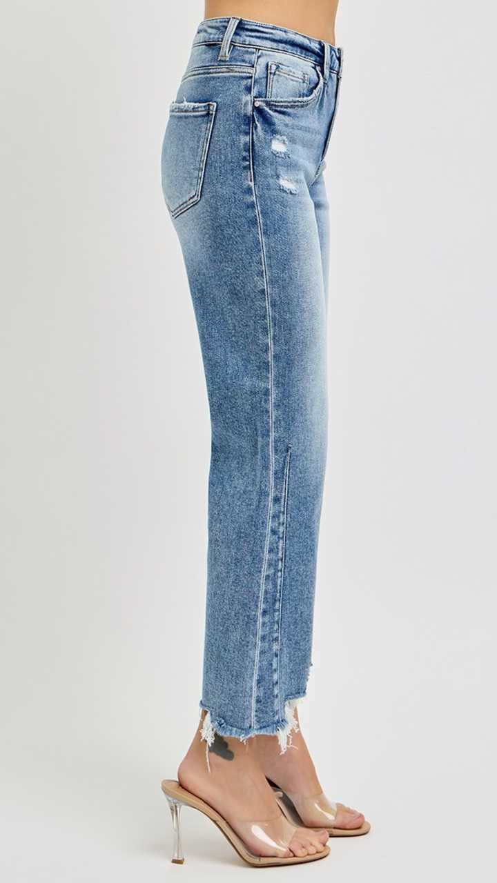High Rise Medium Wash Straight Distressed Hem Jeans